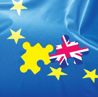 Brexit - Detail of Silky Flag of Blue European Union EU Flag Drapery With Puzzle Piece With Great Britain Brexit 8 page download section