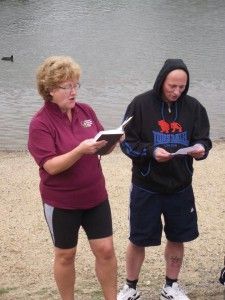 Mark shivering at his baptism with Rev Kath Jones in Southwater Park Mark shivering at his baptism with Rev Kath Jones in Southwater Park