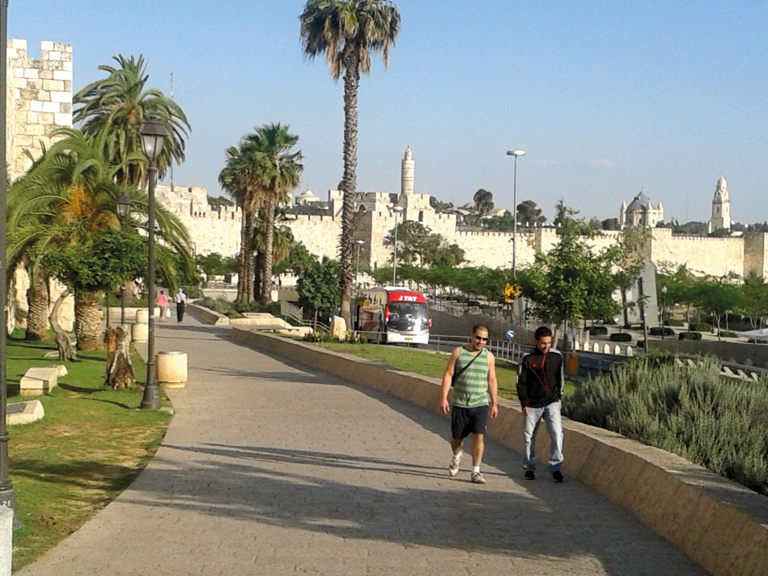 No dividing walls: the magnificent walls of Jerusalem’s Old City looking towards Jaffa Gate, close to the conference venue. But there is peace within as Arab and Jew embrace each other.