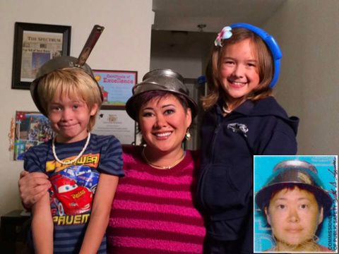 Asia Lemmon aka Jessica Steinhauser poses with her children wearing pots and pans on their heads
