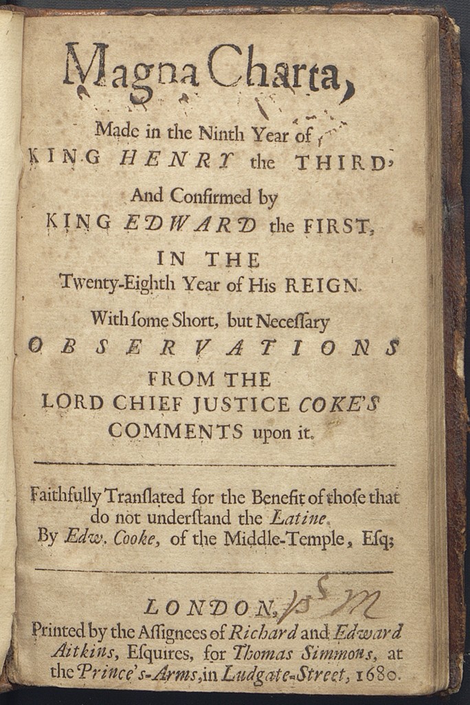 1680 reproduction of Magna Carta with legal commentary