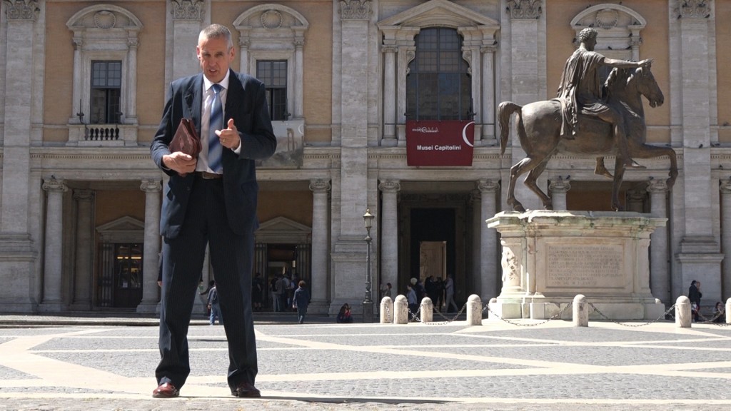 Stephen Green standing in front of the medieval Palazzo dei Conservatori built on top of Jupiter’s Temple in Rome. The Treaty of Rome and the failed EU Constitution were both signed in the Palazzo