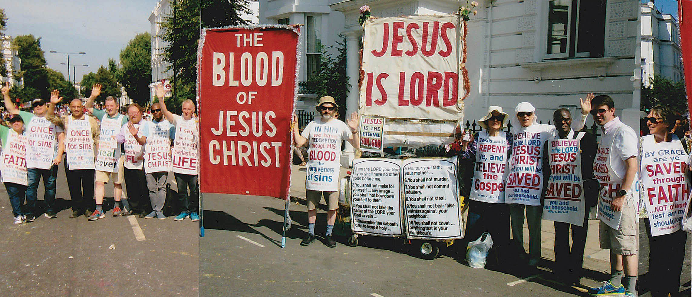 For a quarter of a century street preachers have boldly proclaimed the Gospel at the Notting Hill Carnival in London, and this year was no exception. On 27 and 28 August, 22 Christians took part in this annual outreach, bravely wearing big Bible messages. City preacher Roland Parsons, who had travelled down from Gloucester, said: “Around 8,000 tracts were given out” and “46 members of the public made a sincere request to receive a King James Bible free.” Roland stuck to his task despite being heavily bandaged after sustaining a two-inch gash on his forehead the day before he was due to preach.
