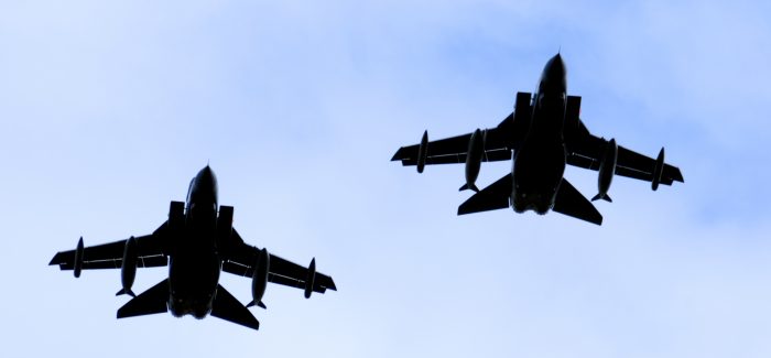 A silhouette of two RAF Tornado jet fighters against a blue sky. “Deep anger and real fear” at the Allies’ attacks