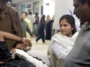 Martyred Saleem Masih lies in agony on his arrival in hospital, where he succumbed to his torture injuries
