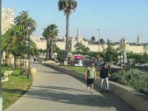 The walls of Jerusalem, leading to the Old City landmarks of Jaffa Gate and the Tower of David