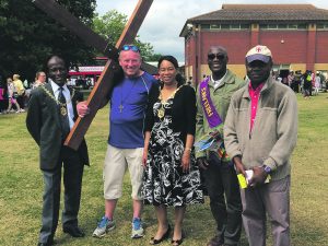 The Mayor of Merton, left, Pastor Richard Doe of Freelance Christian Ministries in purple sash and church members, Mitcham, 2016
