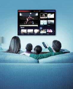 Family watching television in living room