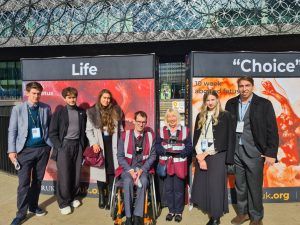 Left to right: history student Daniel Dieppe, personal shopper Jonathan Mroczynski, PhD student Nabila Roukhamieh-McKinna, Centre for Bio-Ethical Reform UK educators Christian Hacking and Ruth Boulton, nanny Lydia Mroczynska and civil servant Joseph Banton