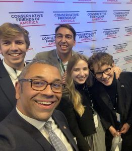 Foreign Secretary James Cleverly with James Graham, finance professional and managing director of Conservatives for Christ (CFC), and CFC co-founders Joseph Banton, Lydia Mroczynska and Jonathan Mroczynski