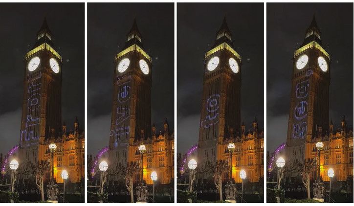 The genocidal slogan projected onto the tower holding up Big Ben