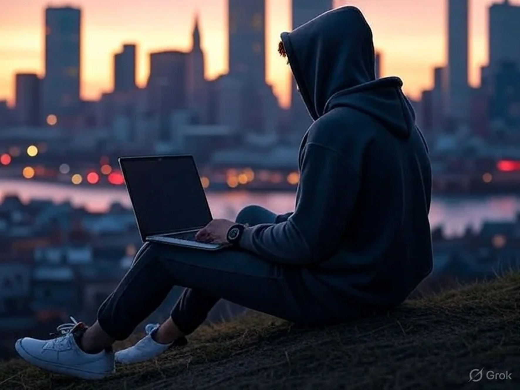 Man using laptop during sunset